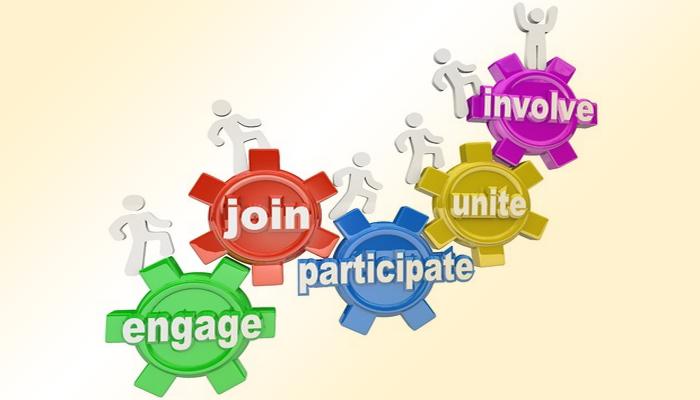 wheel cogs with words - join, engage, participate, involve, unite